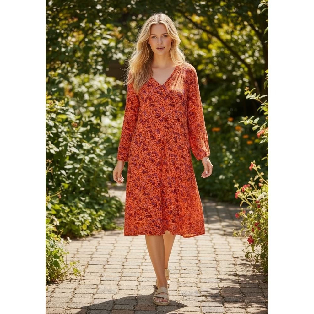 Old Navy Womens Orange Floral Long Sleeve V-Neck Shift Dress Size M J0233